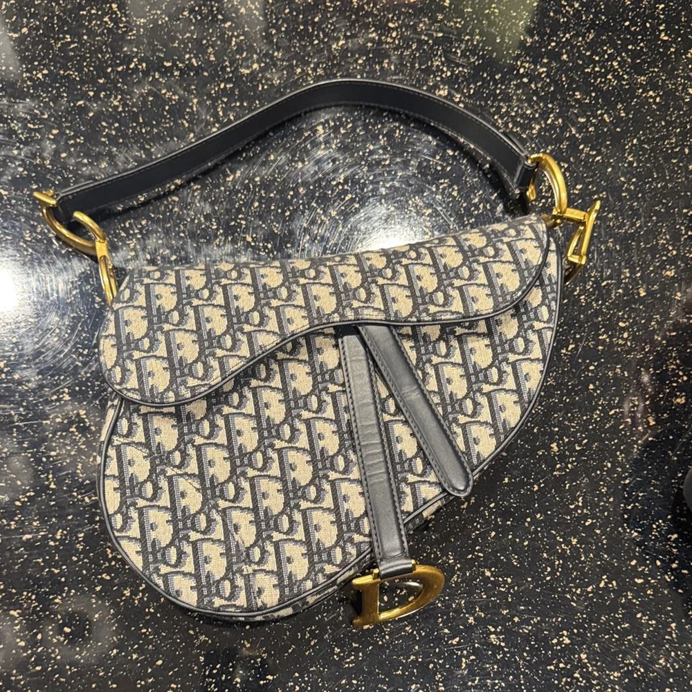 Dior Saddle Bag in Navy and Cream with Gold Accents - Picture 1 of 3